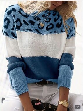 SHEIN Blue & White Leopard Colorblock Crewneck Sweater